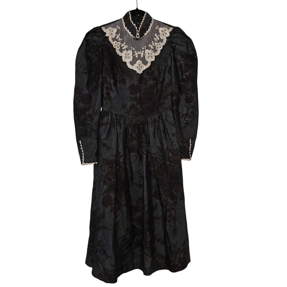 Candi Jones Victorian Gothic Black Lace Trimmed‎ Dress Small Dark Academia